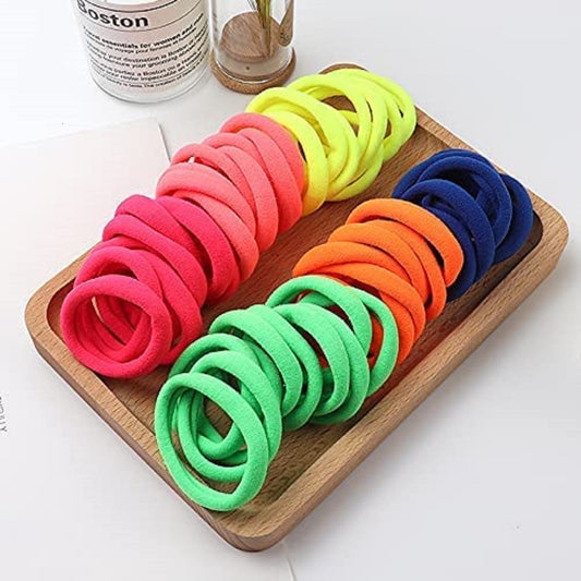 Elina 30 Mutli Color Elastic Ponytail Holder Hair Rubber Ties Head Bands Soft Cotton Thick Thin Hair Wear for School Girls, Kids, Women Accessories (Pack of 30)(Neon Bright Colors)