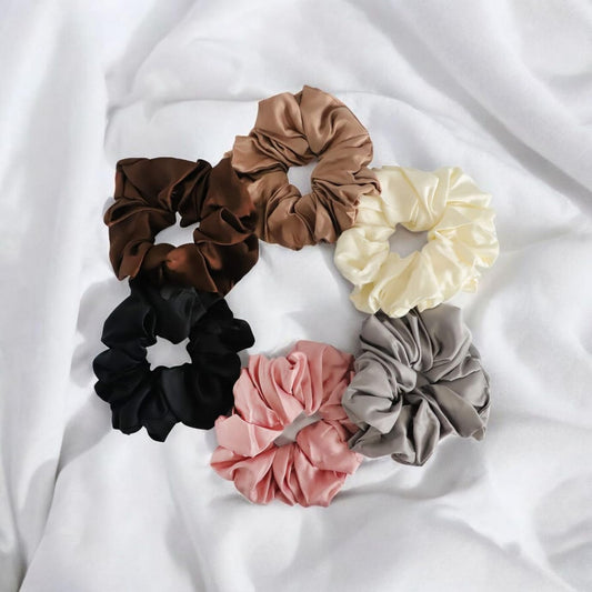 Elina Premium Satin Scrunchies Set Anti-Hair-Breakage, Silk Hair Ties Band Set For Girls, Women Elastic Rubber, Soft Big Size Full Length (Pack of 6)(Earthy Multi Colors)