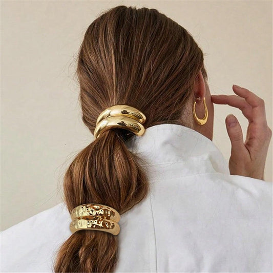 Elina Metal Hair Ties Ponytail Holder Cuffs for Girls & Women, Glossy Elastic, Geometric Design, Head Accessories Fashion Trendy Celebrity Rubber Bands (Gold Color)(Pack of 3 Pcs Random)