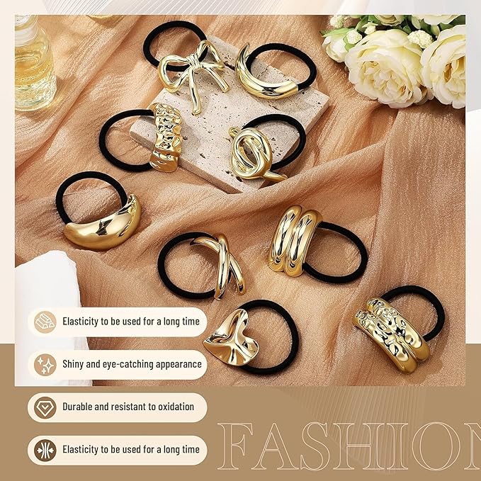 Elina Metal Hair Ties Ponytail Holder Cuffs for Girls & Women, Glossy Elastic, Head Accessories Fashion Trendy Celebrity Rubber Bands (Gold Color)(Pack of 6 Pcs Random)