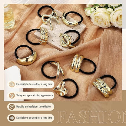 Elina Metal Hair Ties Ponytail Holder Cuffs for Girls & Women, Glossy Elastic, Head Accessories Fashion Trendy Celebrity Rubber Bands (Gold Color)(Pack of 6 Pcs Random)