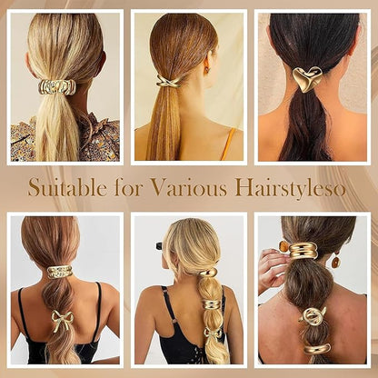 Elina Metal Hair Ties Ponytail Holder Cuffs for Girls & Women, Glossy Elastic, Head Accessories Fashion Trendy Celebrity Rubber Bands (Gold Color)(Pack of 6 Pcs Random)
