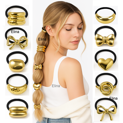 Elina Metal Hair Ties Ponytail Holder Cuffs for Girls & Women, Glossy Elastic, Head Accessories Fashion Trendy Celebrity Rubber Bands (Gold Color)(Pack of 6 Pcs Random)