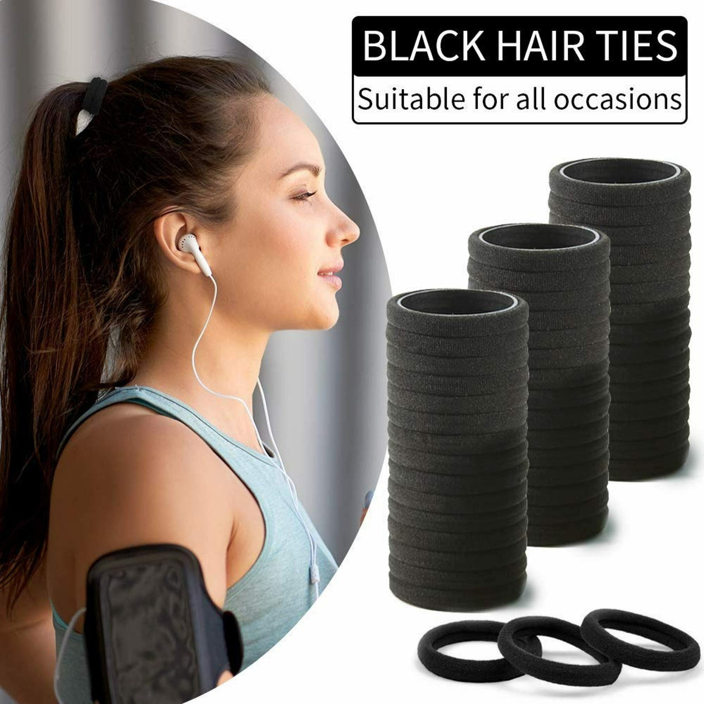 Elina Black Hair Ponytail Holder Rubber Bands Ties Soft Elastic No Damage Seamless Stretchable Non-Slip Cotton, Thick Thin, Scrunchies for School Girls, Kids, Women (Pack of 30 Pcs)