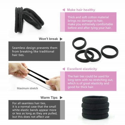 Elina Black Hair Ponytail Holder Rubber Bands Ties Soft Elastic No Damage Seamless Stretchable Non-Slip Cotton, Thick Thin, Scrunchies for School Girls, Kids, Women (Pack of 30 Pcs)